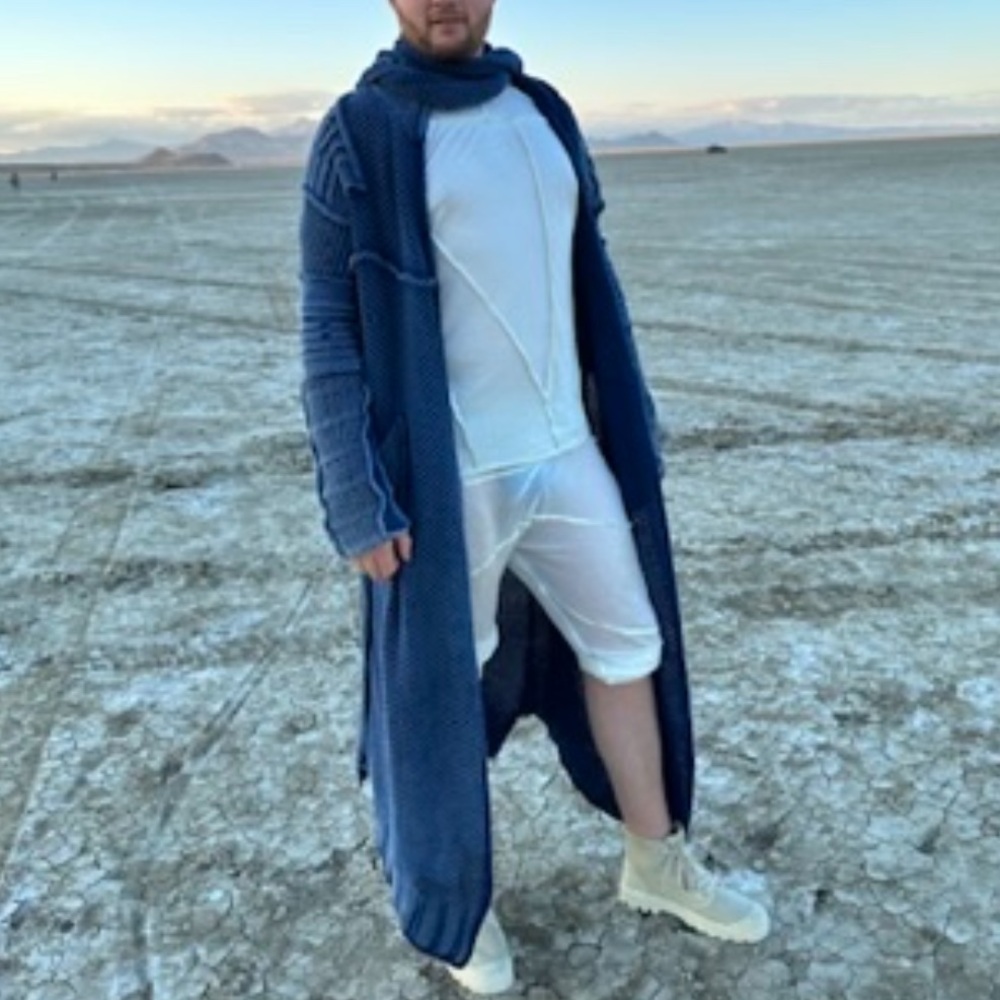 Men's Blue Long Coat Jacket DEMOBAZA BURNING MAN SIZE L